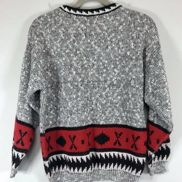 Vtg 90s Sweater Slouchy Gray Black Red Graphic Knit Top Size Small Arrows USA - Picture 2 of 5